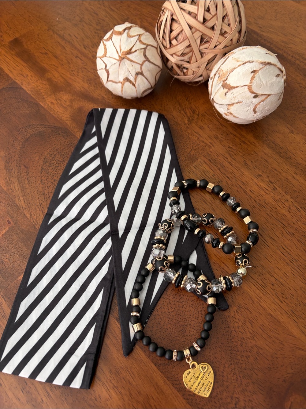 Purse Scarf and Black and Gold Beaded Bracelet Trio with Heart Charm